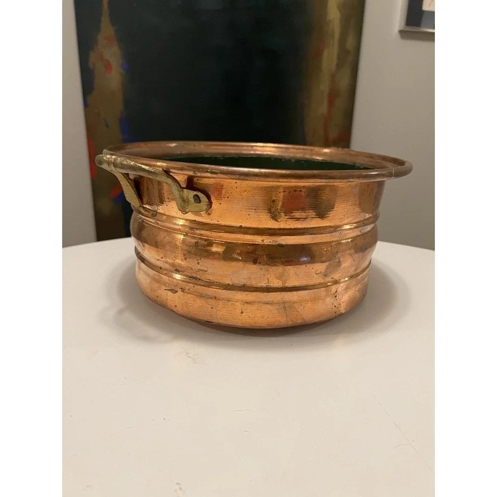 Vintage Copper Planter Cachepot Brass Handles